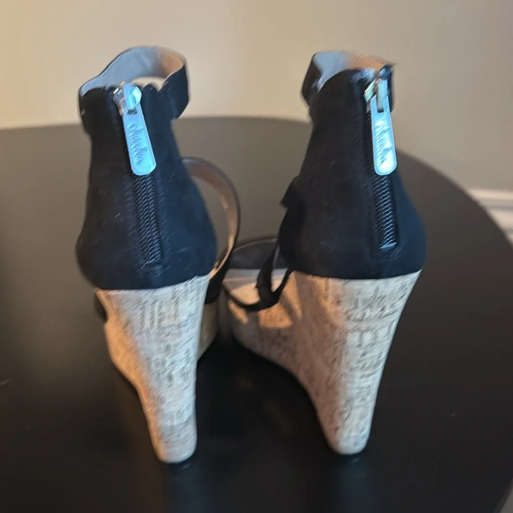 Charles David Alexa Microsuede Black Platform Cork Wedge Sandals strappy ankle 9